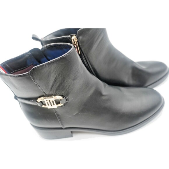 Tommy Hilfiger Women's Black Leather Ankle Gold Buckle Block Heel Booties Sz 11M - Picture 5 of 14